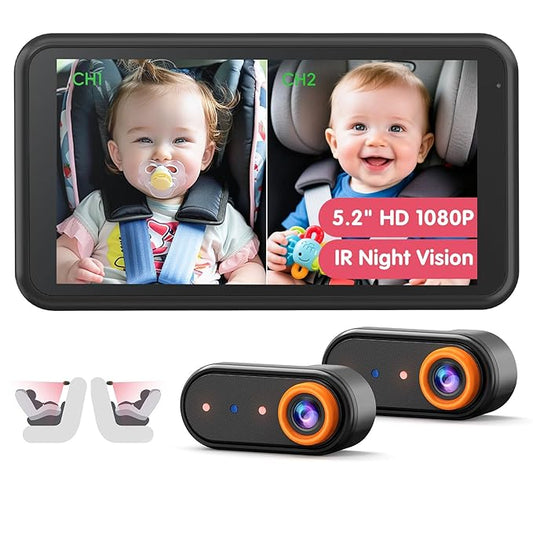 BM2 PRO Dual Baby Car Camera, 5.2" 1080P HD Display for Rear-Facing Car Seats, IR Night Vision, Anti-Shake Mount, Easy Install – Ideal for Parents with 2 Kids and Pets