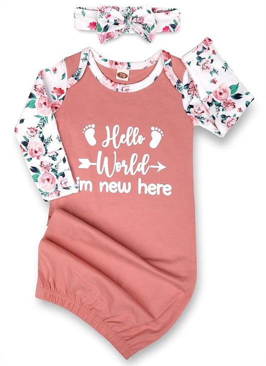Newborn Baby Girl Gown 0-6 Months, Super Soft Newborn Sleepers Gown, Long Sleeve Infant Nightgown for Girls, Baby Girl Outfit Essential with Headband Set Pink
