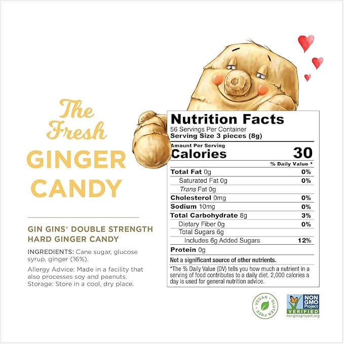 GIN GINS Double Strength Ginger Hard Candy – Natural Ginger Candy by The Ginger People – Individually Wrapped Healthy Candy – Double Strength Flavor – Large 1 lb Bag (16oz) – Pack of 2