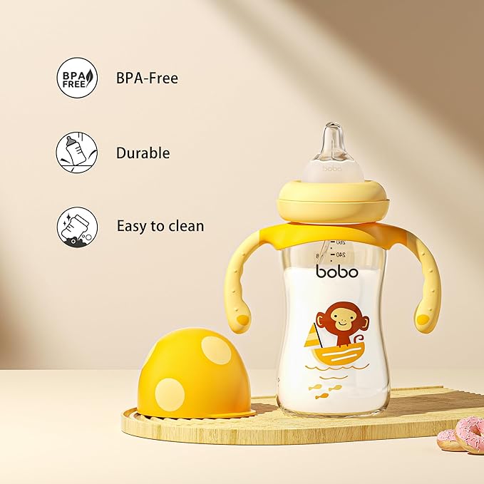 YOHKOH Natural PPSU Baby Bottle with Natural Response Nipple, Newborn Anti-Colic Baby Bottles with Handle, Wide Neck Mushroom Cap Baby Bottle (8.8oz (Pack of 4), Yellow)