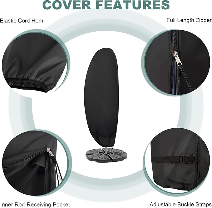 Patio Waterproof Umbrella Cover, Outdoor Offset Parasol Cover for 7.5-11.5 Feet Cantilever Banana Frame Umbrella, Black