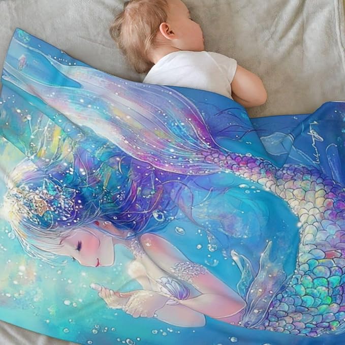 Baby Blanket Mermaid Childish Blue Sea for Boy Girl Newborn 30x40 Inch Toddler Infant Nursery Throw Blankets Double Layer Comfy Soft Plush Stroller Crib Quilt