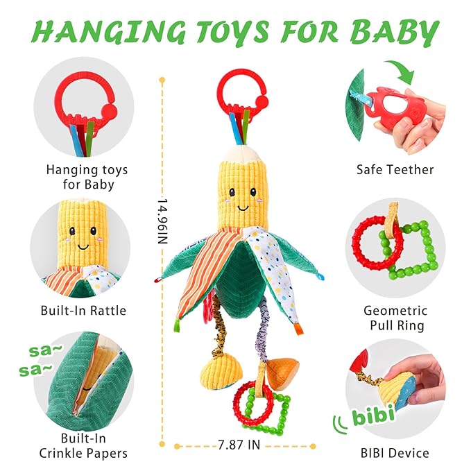 Jollybaby Baby Rattles Hanging Toys for Car Seat Crib Stroller Gym, Montessori Sensory Plush Vegetable Toys for Baby 0-3-6-12 Months with Ring Bell Crinkle and Teether, Newborn Baby Shower Gifts
