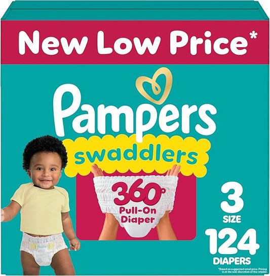 Pampers Diapers - Swaddlers 360° - Size 3, 124 Count, up to 100% Leakproof Comfy Dry Fit, Designed for Easy Changes, Pull On Baby Diaper (Packaging May Vary)