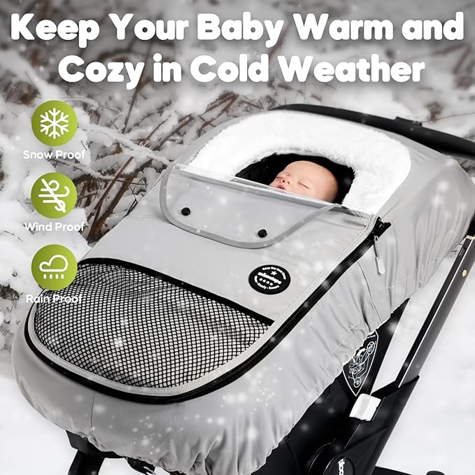 Mamatepe Winter Baby Car Seat Cover, Rain and Snow Repellent, Windproof Warm Fleece Breathable with U Shape Zipper for Newborn Car Seat, Universal for Infant Car Seat, Grey