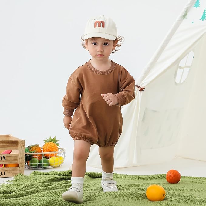 Bafeicao Baby Boy Girl Sweatshirt Romper Organic Cotton Solid Color Long Sleeve Bubble Romper Oversized Warm Fall Winter