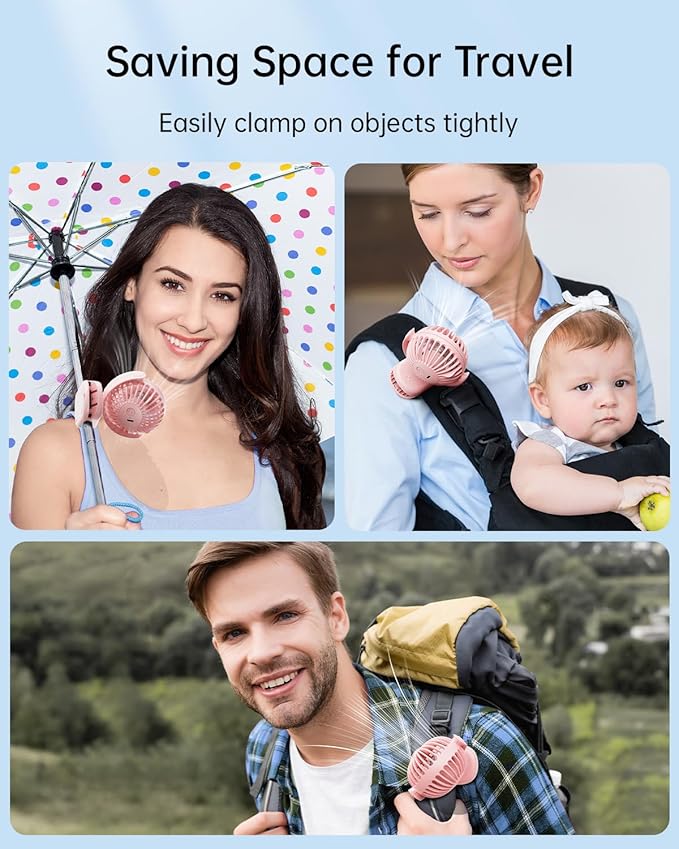 SWEETFULL Portable Clip on Fan - Mini Rechargeable Personal Fan with Strong Clamp, 3 Speeds, 11Hrs Cooling, Cute Small Desk Cooler for Stroller Bed Pet Carriers Umbrell Travel Outdoor - Pink