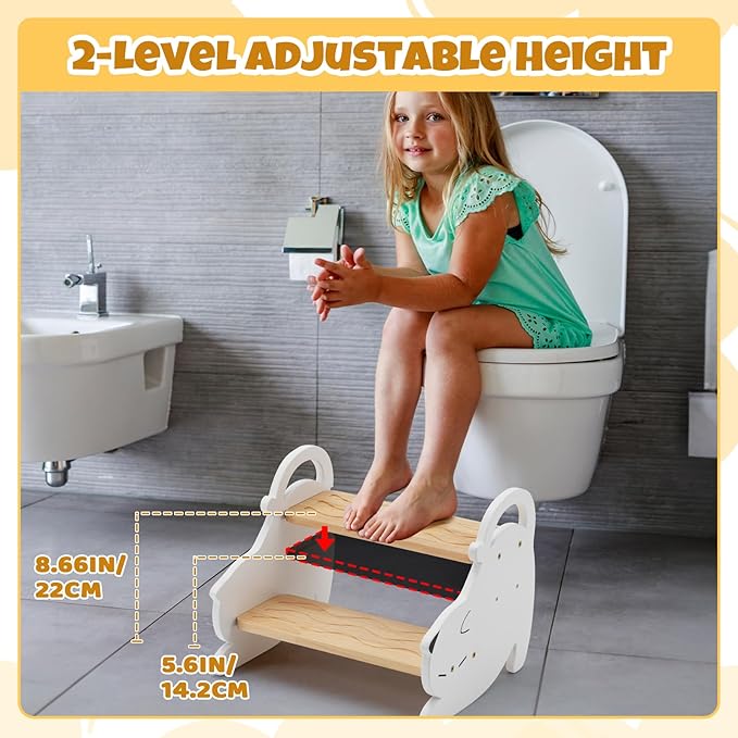 COSYLAND Wooden Kids Step Stool Holds Up to 220 Lbs - Adjustable Height 2 Step Stools for Toddlers - Easy to Clean Bathroom Stepping Stool with Non-Slip Surface and Carry Handle (Natural & White)