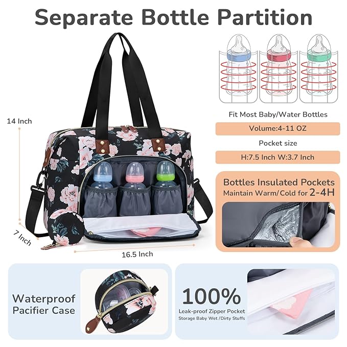 Diaper Bag Tote, Baby Bag Travel Diaper Tote Bag with Pacifier Case, Cute Maternity Hospital Baby Stylish Diaper Tote for Mom Dad Black Pink Floral