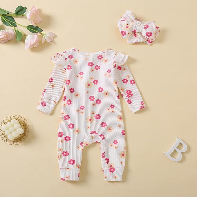 Cute Floral Floral Print Long Sleeve Infant Newborn Baby Girl Clothes Baby Girl Jumpsuit