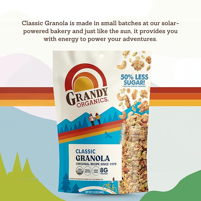 Grandy Organics Classic Granola, Certified Organic Granola Cereal, Low Sugar - Made with Oats, Pumpkin Seeds, Walnuts and Cashews, 12oz Bags, Bulk Pack of 6