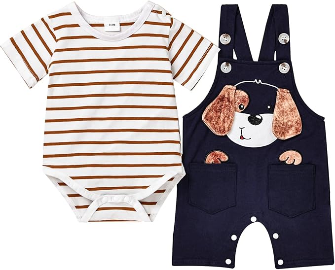 Baby Boy Clothes Newborn Outfits Stripe Romper Infant Cartoon Overall Adjustable Suspender Pants Set 0-18 Months