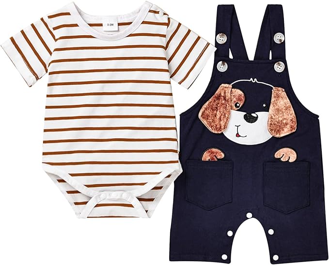 Baby Boy Clothes Newborn Outfits Stripe Romper Infant Cartoon Overall Adjustable Suspender Pants Set 0-18 Months