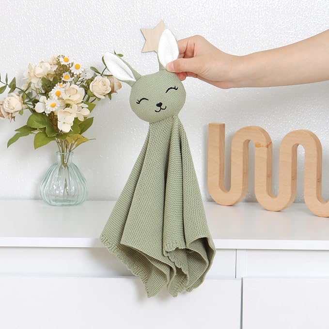 LAWKUL Bunny Lovey Baby Blanket Soft Cuddly Security Blanket Knit Snuggle Comfort for Newborns Toddler Boy Girl Green 16x16in