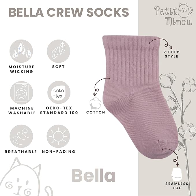 Bella Seamless-Toe Turkish Cotton Ribbed Crew Socks - Stylish and Cozy 6-Pack Baby & Toddler Socks