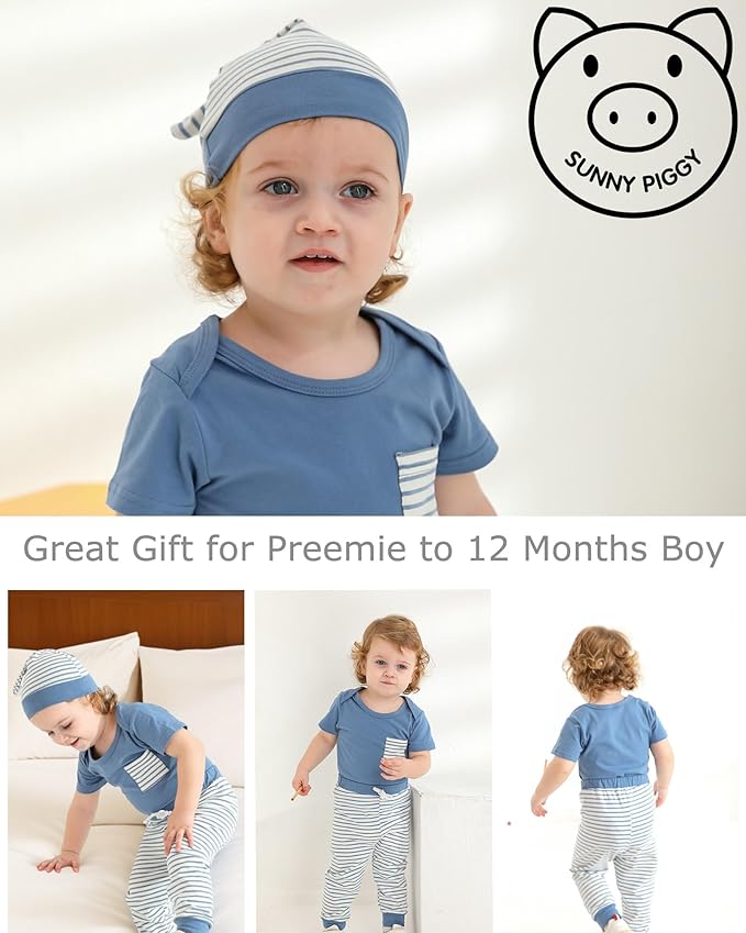 SUNNY PIGGY Baby Boy Clothes Newborn Infant Boys Outfits Romper Hat Pants 3PC Set 0-3 3-6 6-12 12-18 Month Clothing Gift