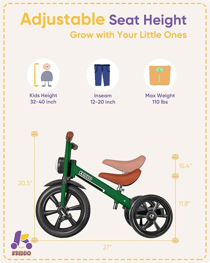 KRIDDO Kids Tricycles Age 2 Years to 5 Years, 12 Inch Puncture Free Rubber Wheel w Front Light, Adjustable Seat Height, Gift Toddler Tricycles for 2-5 Year Olds, Trikes for Toddlers, Green