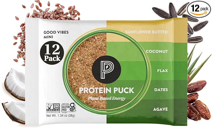 Protein Puck Vegan Plant based Protein Bar – Natural Healthy Snack Bars, 12 Count, 1.34oz Mini, Gluten Free, Dairy Free, No GMO, Kosher – Good Vibes - Coconut, Almonds, Dates, Sport Nutrition