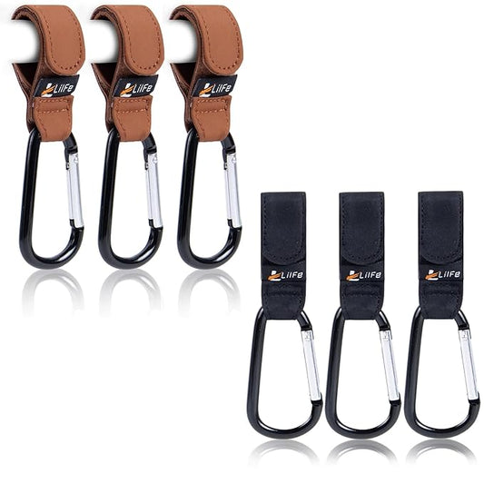 6 Pcs Baby Stroller Hooks for Hanging | Multipurpose Stroller Straps with Durable and Stylish Stroller Clips for Diaper Bags | The Perfect Mummy Hook for Stroller, Walker and Shopping (Brown & Black)