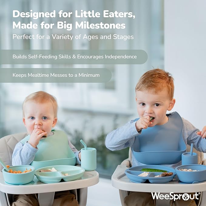 WeeSprout Baby Led Weaning Bundle, Silicone Suction Bowl, Spoons, Bib & Cup, Develops Self Feeding Skills, Dishwasher Safe (Mint)