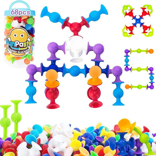 68 Piece Suction Cup Bath Construction Set - Silicone Building Blocks DIY Sucker Bathub Toys, Sensory Toy for Toddlers 3-8 Year Old Boys and Girls