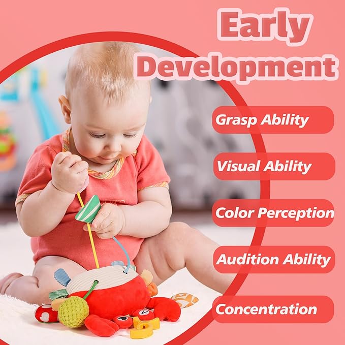 Baby Car Seat Toys 0-6 Months - Crib & Stroller Hanging Crab Attachment with Clip, Rattles and Teether, Travel Comfort Toy for Newborn Infant Gifts