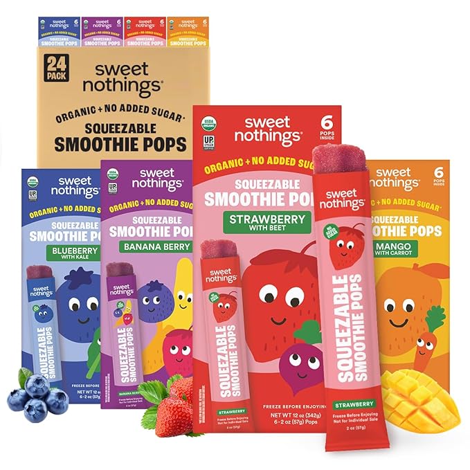 Sweet Nothings, Multi-Pack, USDA Organic Kids' Squeezable Super Fruit Smoothie, Value Pack of 24 - Dye-Free, No Added Sugar,Vegan, Healthy Organic Fruit and Veggie Pops, Freeze & Enjoy