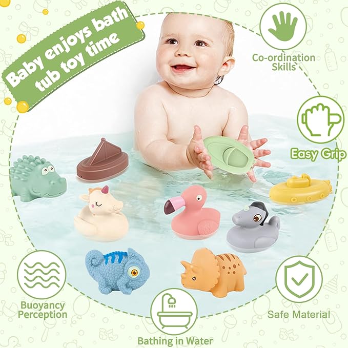 Bath Toys for Babies, 9 Pack Mold Free & No Hole Bath Toys with Rubber Floating Boats & Animals, Toddlers Bathtub Water Play Toys for Baby Gifts