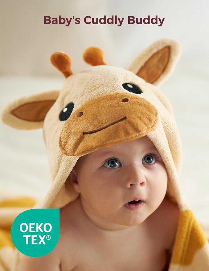 Momcozy Baby Bath Towels with Hooded -Visualize Health Label -Soft & Absorbent Coral Fleece Towel for Comfort & Warm - Bath Essential or Shower Gift for Newborn, Infant,Toddler (Large, 28 x 55 Inch)