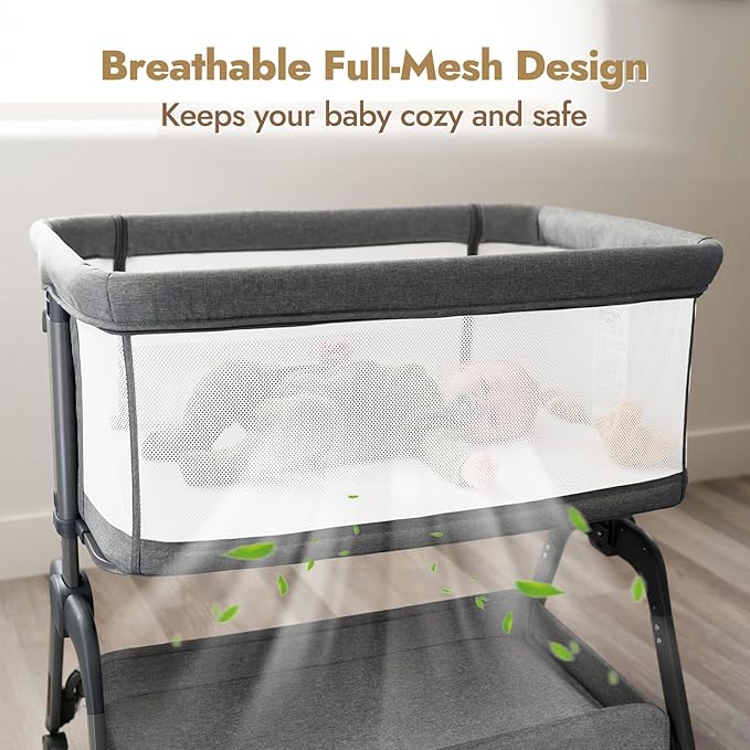 Papablic Baby Bassinet, Bedside Bassinet for Baby with Four-Sided Breathable Mesh & Soft Mattress, Adjustable Bassinet Bedside Sleeper with Storage Basket and Wheels, Easy to Assemble, Gray