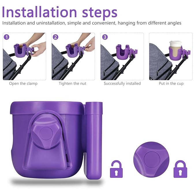 Suranew Adjustable Stroller Cup Holder with Phone Holder for Baby Stroller for Family Members, Walker Purple