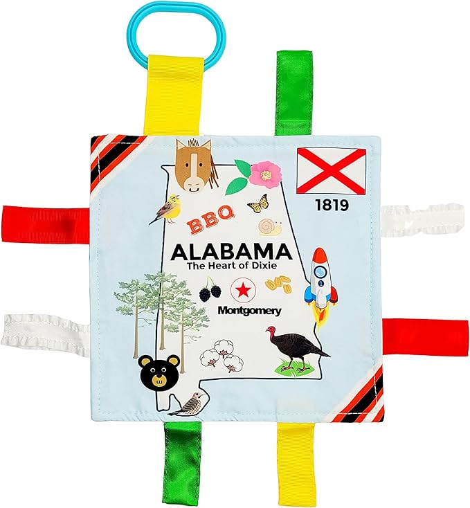 Baby Jack & Co 8x8” Learning Lovey Alabama State Tag Stroller Toy for Babies - Crinkle Toys for Developing Five Senses - Learn About Capitals - Travel with Baby Jack - BPA Free Clip