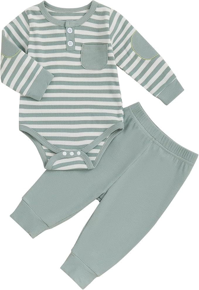 fhutpw Baby Boy Clothes 3 6 12 18 Months Ribbed Knitted Long Sleeve Romper and Pants Sets Newborn Fall Splicing Color Outfits
