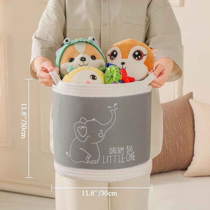 Toy Basket for Baby Laundry Hamper Blanket Baskets Cute Elephant Nursery Hampers Toy Storage Basket, Woven Cotton Rope Nursery Organization Bins For Girls Boys Kids Baby Shower Gifts Baskets