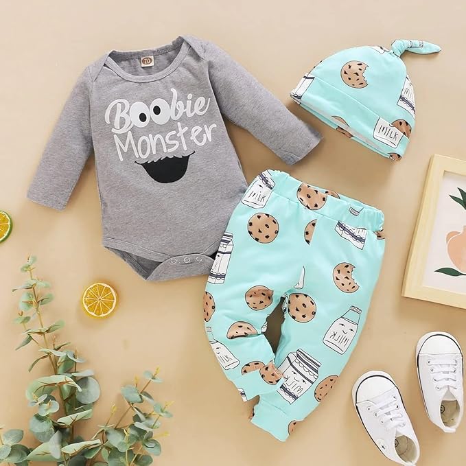 Newborn Infant Baby Clothes Long Sleeve Romper + Pants + Hat 3PCS Outfits Set