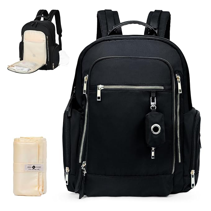 miss fong Diaper Backpack - Mommy & Dad Diaper Bag with Dispenser, 16 Pockets, Large Capacity, Travel & Baby Shower Gifts - Dark Black