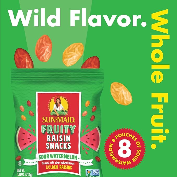 Sun-Maid Fruity Raisin Snack Variety Pack - Sour Strawberry, Watermelon & Blue Raspberry - (24 Pack) 1.33 oz Pouches - Tastes Like Sour Candy - Back To School Snacks