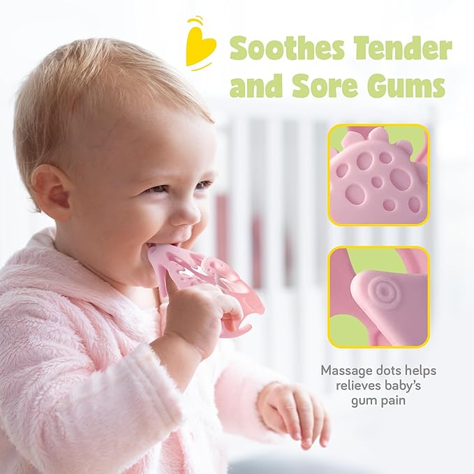 Dinosaur Baby Teething Toys, Textured Sensory Toys for Babies, Lightweight Soft Baby Sensory Toys, BPA-Free Silicone Infant Teething Toys, 0-18 Months, Teething Baby, Easy to Clean - Peach Pink