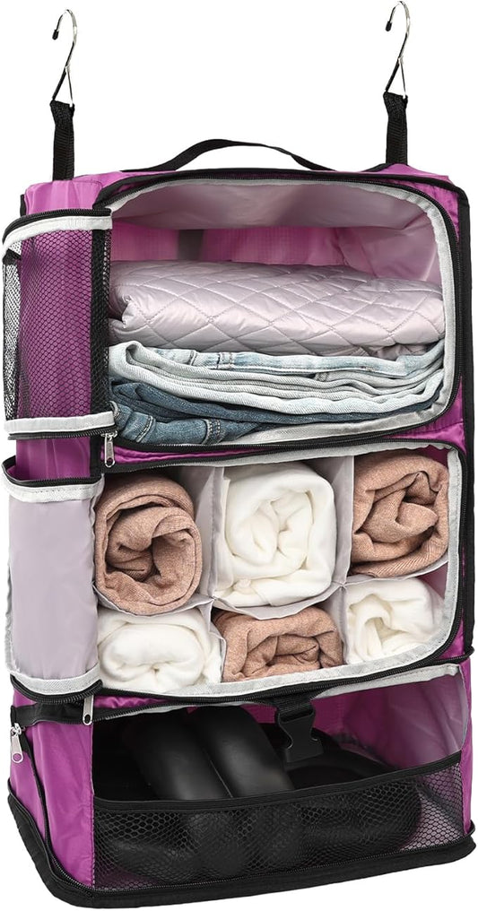 TABITORA Travel Portable Hanging Shelves Closet Organizer Packing Luggage Storage with Multifunctional and Foldable Invisible Compartment,Lightweight, for Suitcase, RV,Closet…Purple,XL
