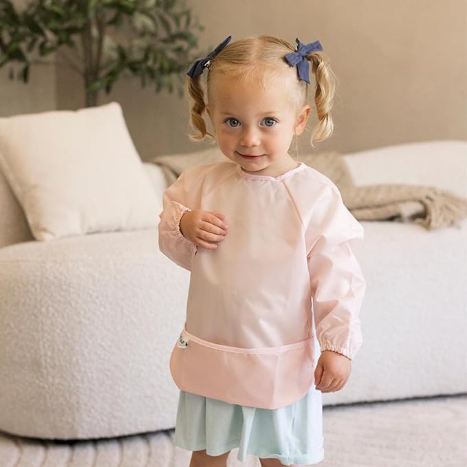 Tiny Twinkle Mess Proof Baby Bibs, 2pk Waterproof Smock Baby Bibs for Eating, Machine Washable Long Sleeve Bibs, Baby Led Weaning, Toddler Bibs, BLW Supplies (Rose Burgundy, Small 6-24 Months)