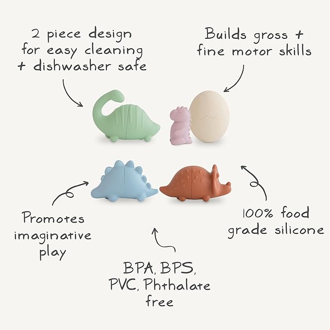 mushie Dino Bath Toys Play Set for Toddlers | 100% Food Grade Silicone | Mold Free, Pack of 5