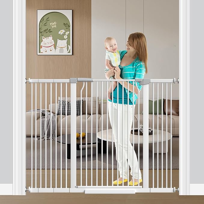 Fairy Baby 40.5" Extra Tall Baby Gate for Stairs, 40.6"-54.7" Extra Wide Dog Pet Gate Indoor Outdoor, Pressure Mounted Walk Thru Swing Metal Safety Child Gate, Cat Puppy Gate for House Doorways, White