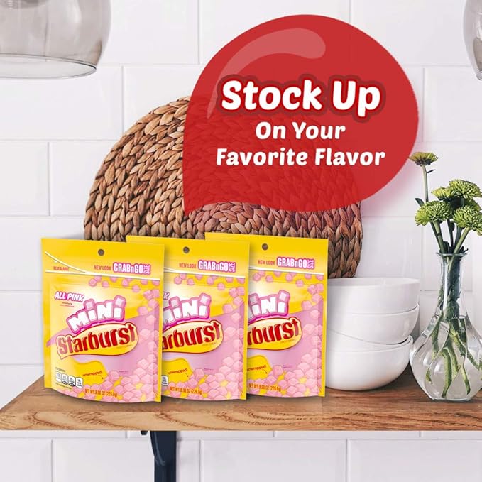 STARBURST Candy Bulk - Minis All Pink Fruit Chews, STARBURST Chews Candy 8oz (Pack of 8)
