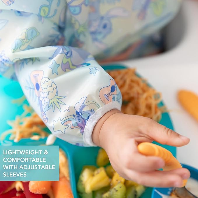 Bumkins Disney Sleeved Bib for Girl or Boy, Baby and Toddler for 6-24 Mos, Essential Must Have for Eating, Feeding, Baby Led Weaning Supplies, Long Sleeve Mess Saving Food Catcher, Aloha Stitch