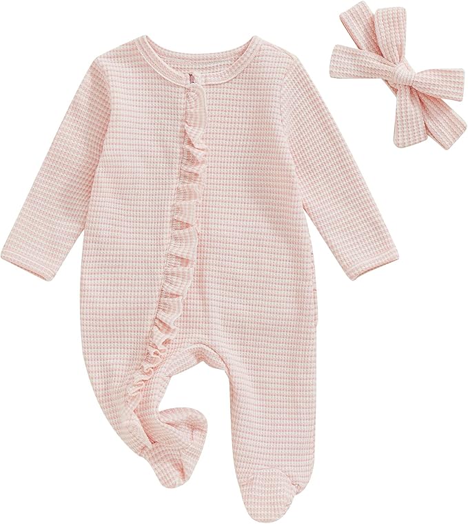 Newborn Girl Clothes Baby Girl Coming Home Outfit Zipper One-piece Outfits Ruffle Footie Bodysuit Jumpsuit Headband