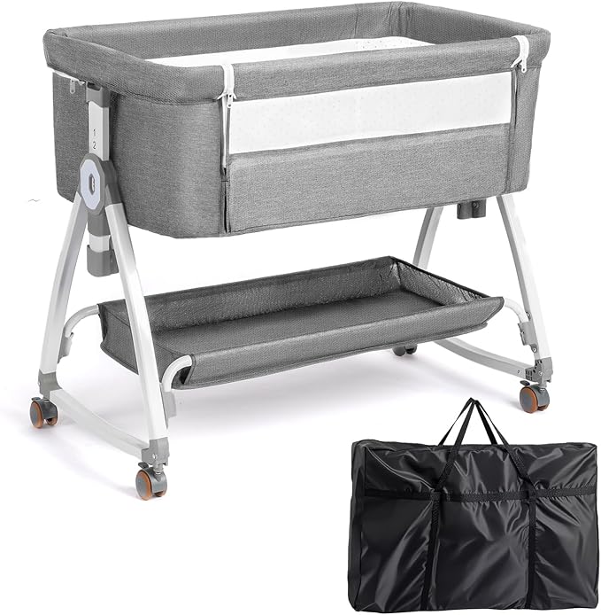 JOYMOR 3 in 1 Baby Bassinet, Bedside Bassinet for Baby, with Comfy Mattress and Wheels, 6 Height Adjustable Easy Folding Portable Bedside Crib for Newborn (Gray)