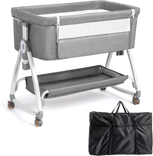 JOYMOR 3 in 1 Baby Bassinet, Bedside Bassinet for Baby, with Comfy Mattress and Wheels, 6 Height Adjustable Easy Folding Portable Bedside Crib for Newborn (Gray)