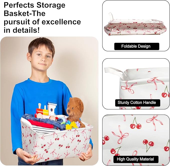 3 Pcs Pink Bow Storage Basket, Coquette Girls Rectangle Storage Bins Box with Handles, Bows and Chery Shelf Basket Ideal for Room Nursery Decor, Books, Organizing Clothes, Toys