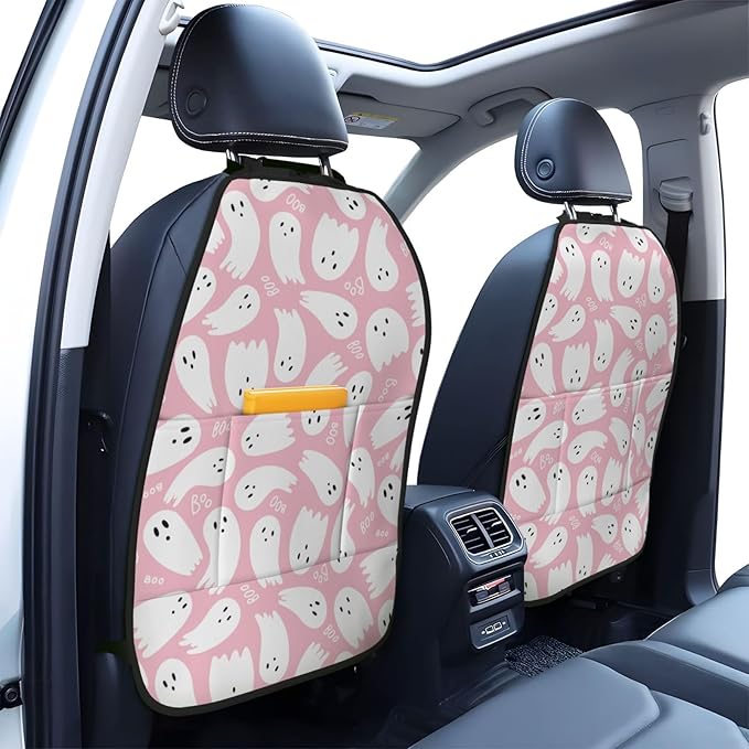 Pink Cute Ghost Car Kick Mats Back Seat Protector 2 Pack Auto Seat Back Covers with 3 Organizer Travel Accessories Universal Vehicle Interior from Dirt, Mud