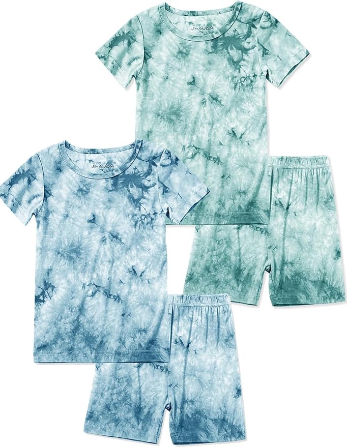 Jimonda Kids Soft Rayon From Bamboo Sleepwear Short Sleeve Boys Girls Pajama Outdoor 4-Piece tops&shorts Casual sets Tie PJ